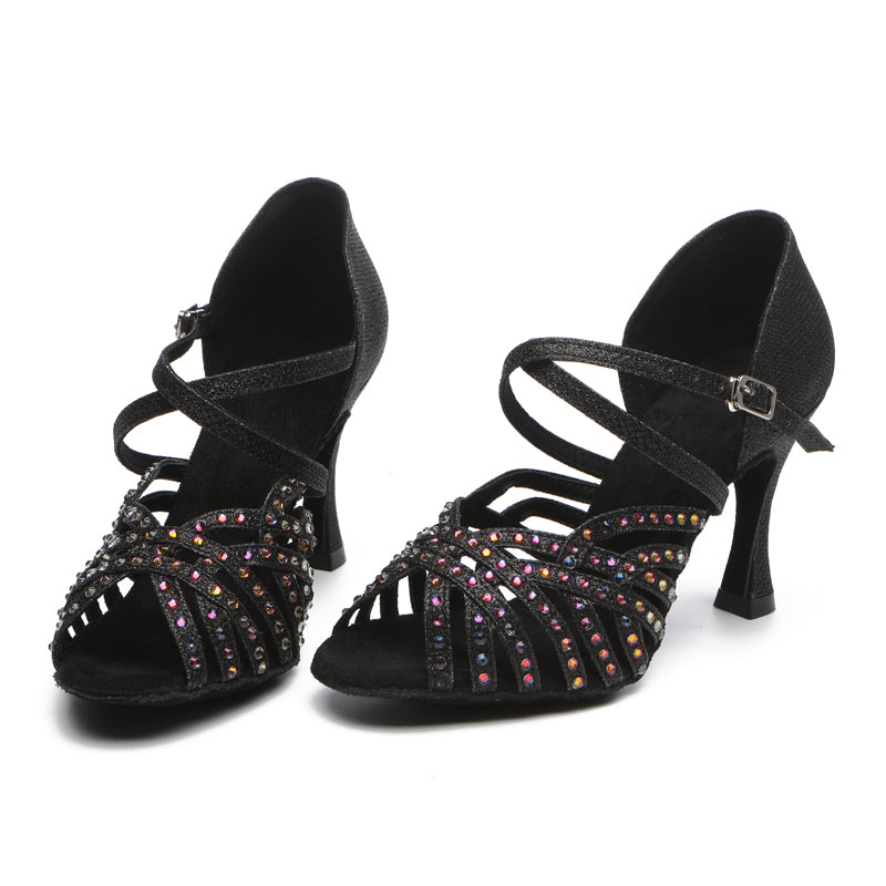 Women's Black Satin Rhinestones Sandal Customized Heel Latin Dance Shoes Dance Heels