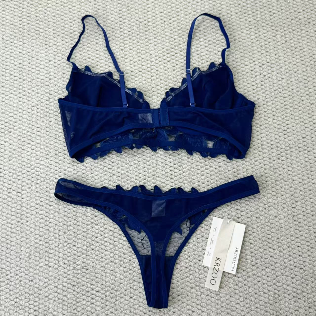 Deep V embroidered lace bra set