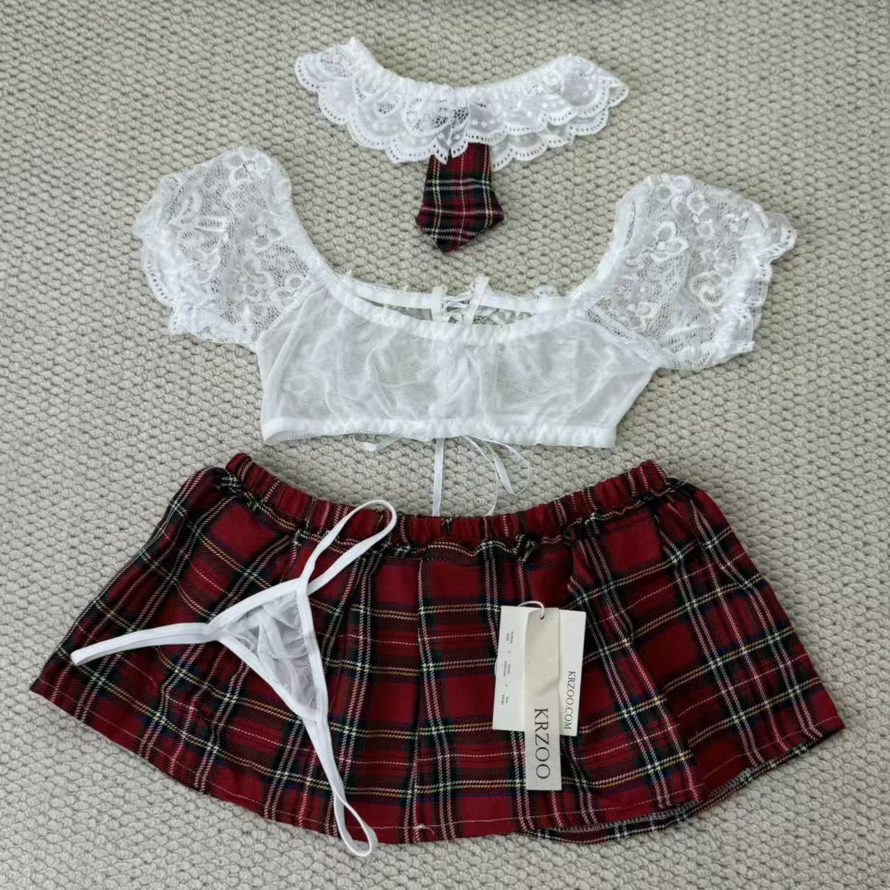 Belted lace-checkered short dress set