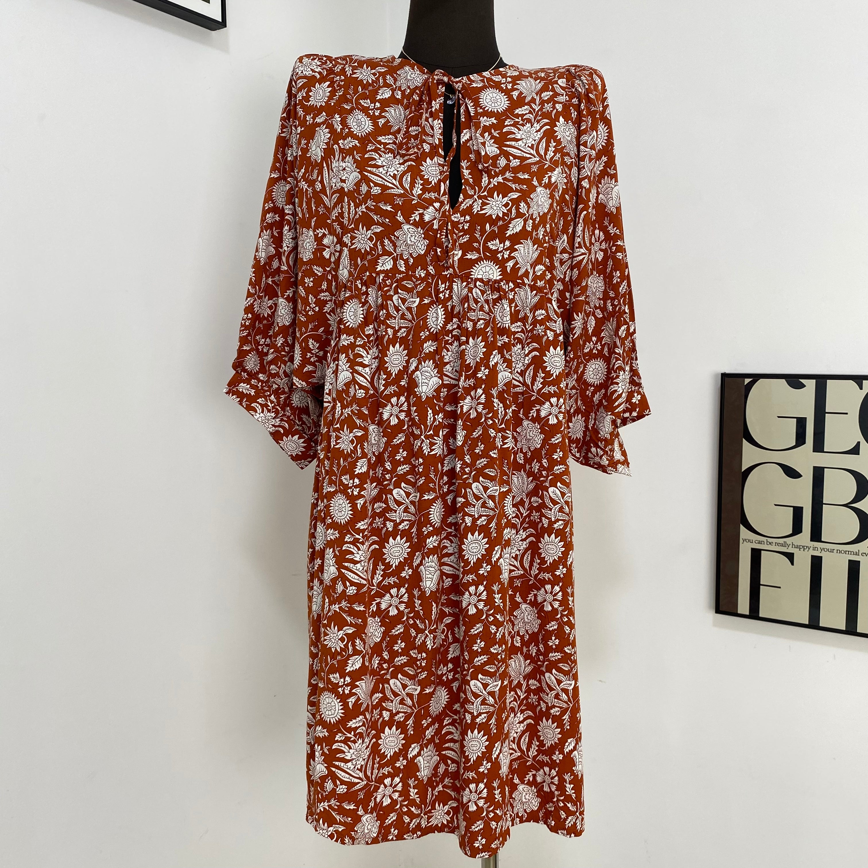 V-Neck Printed Lantern Sleeve Dress