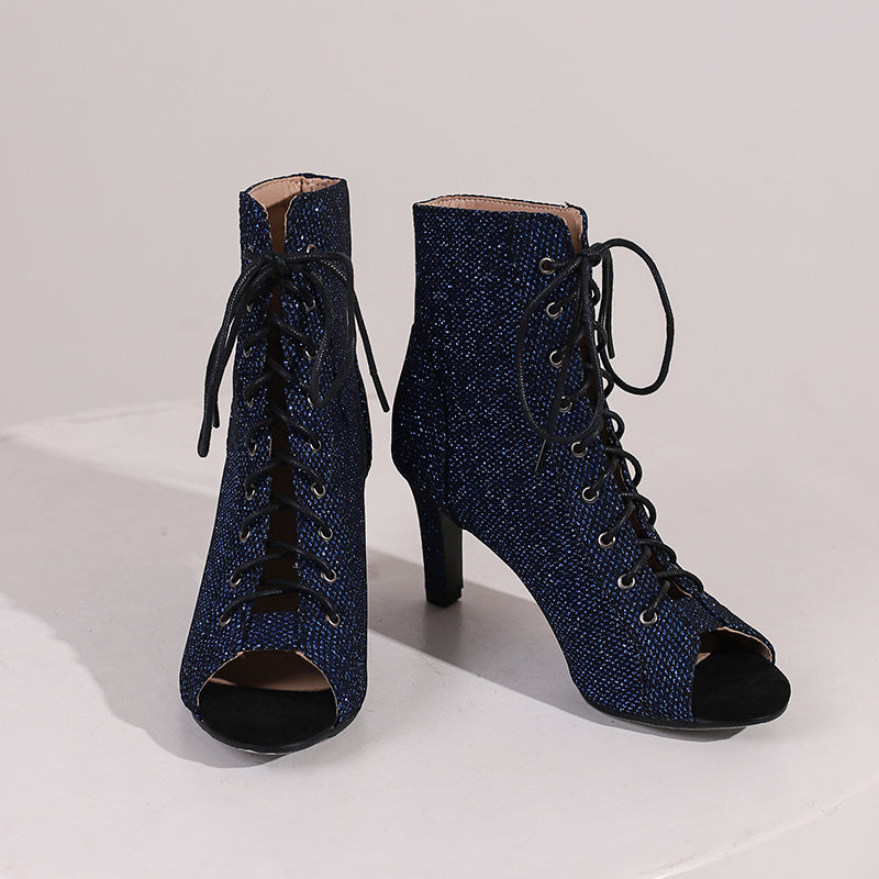 Women's PU 9cm Silm Heel Sequin Lace-up Dance Boots JazDance Shoes