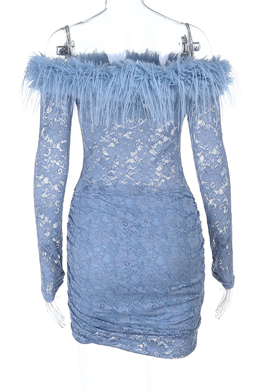 Feather Trim Off Shoulder Lace Long Sleeve Ruched Bodycon Mini Dresses-Blue