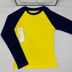 Yellow patchwork round-neck long-sleeved pullover