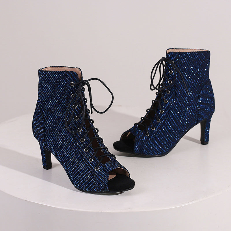 Women's PU 9cm Silm Heel Sequin Lace-up Dance Boots JazDance Shoes