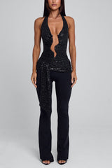 Halter V Neck Sequin Sash Top Bodycon Pants 2pcs Set-Black Pre Order