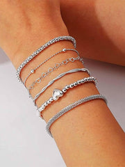 Layered Beaded Silver Heart Bracelet Set (6 Pieces)