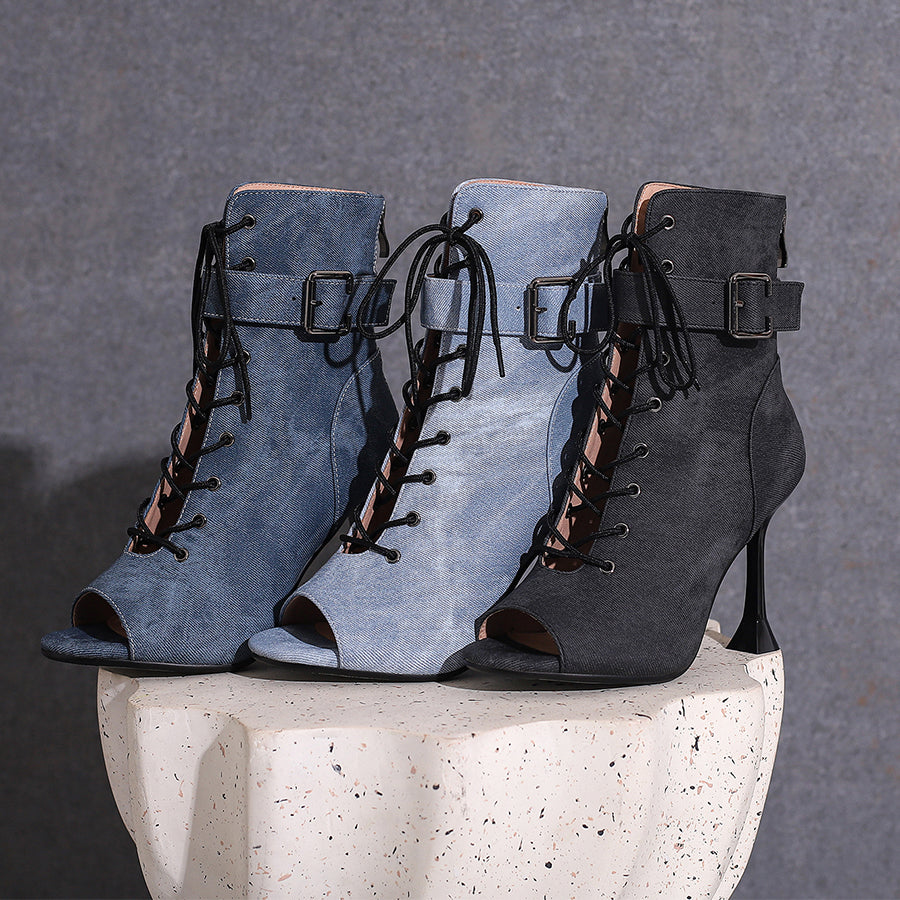 Women's 9.5cm Heel Rubber Sole Leatherette JazShoes Open Toe Dance Heels Boots