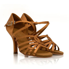 Women's Brown Satin Customized Heel Latin Dance Shoes Dancing Heels