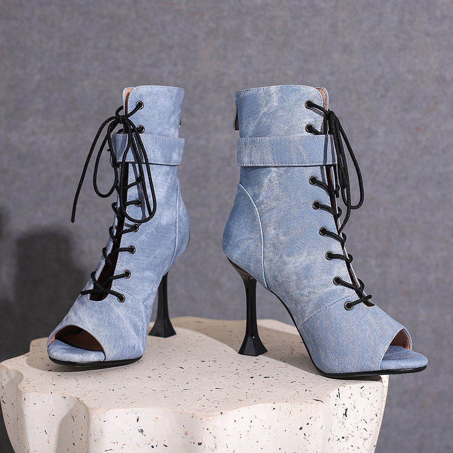 Women's 9.5cm Heel Rubber Sole Leatherette JazShoes Open Toe Dance Heels Boots