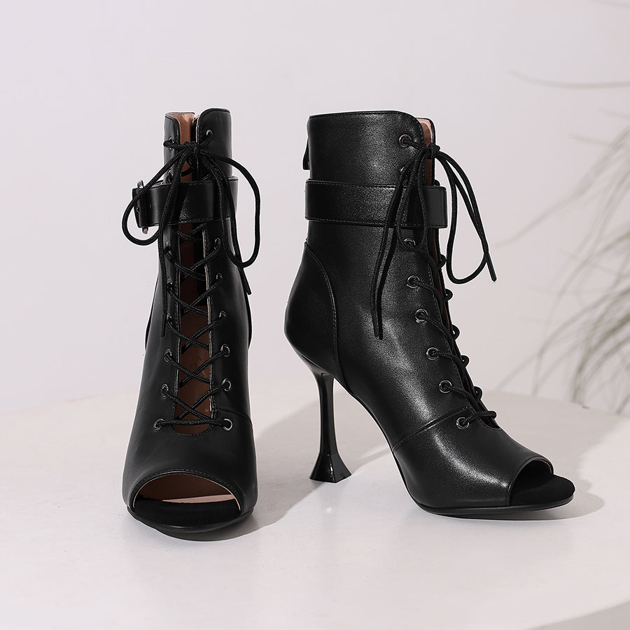 Women's 9.5cm Heel Rubber Sole Leatherette JazShoes Open Toe Dance Heels Boots