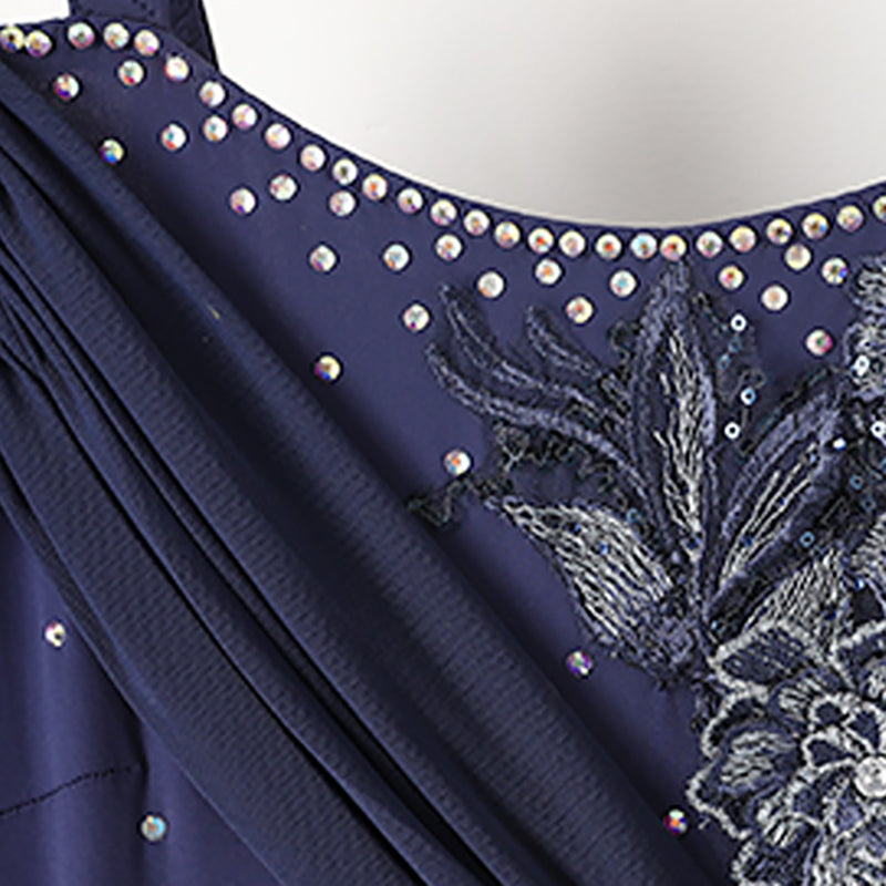 Women's Long Sleeve Navy Blue Lace Diamond WaltBallroom Dance Competition Modern Dance Large Swing Dress