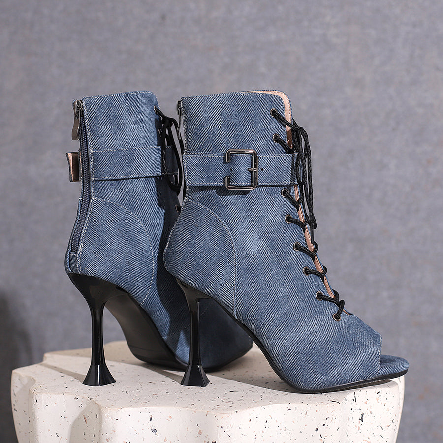 Women's 9.5cm Heel Rubber Sole Leatherette JazShoes Open Toe Dance Heels Boots