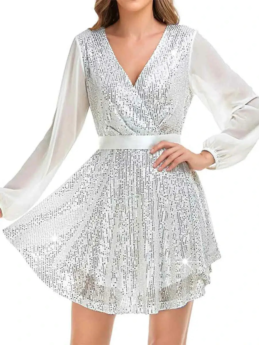 V-neck long-sleeve belted sequin white cocktail dress
