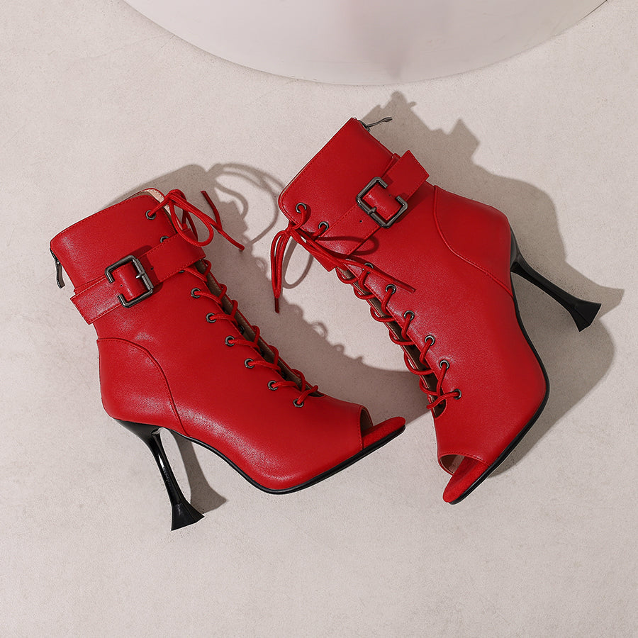 Women's 9.5cm Heel Rubber Sole Leatherette JazShoes Open Toe Dance Heels Boots