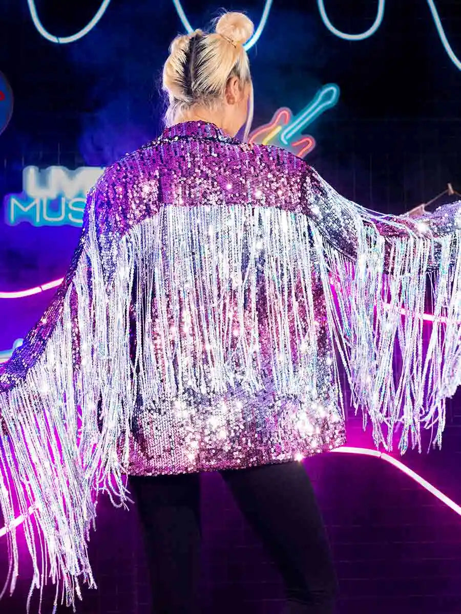 Fringed Long-sleeved Purple Sequin Coat Top