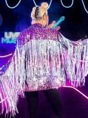 Fringed Long-sleeved Purple Sequin Coat Top