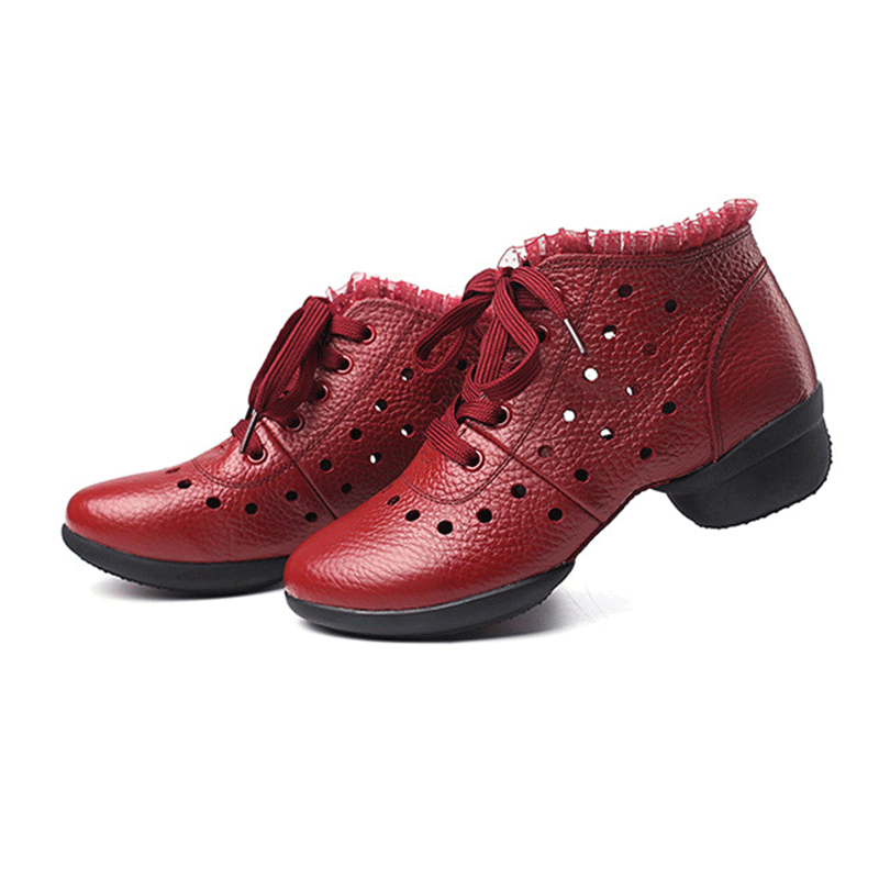 Women's Leather Hollow Out Lace-up 4cm Heel Dance Sneakers Practice Dance Shoes JazDance