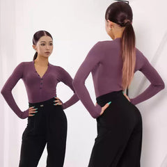Women's Purple Long Sleeve Dance Tops Bodysuit LeotarPractice DanceWear