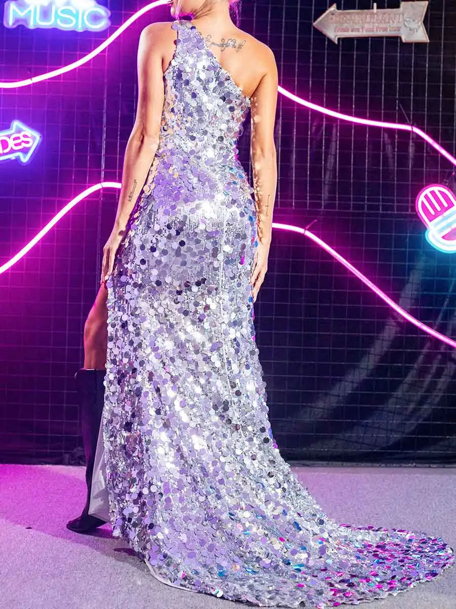 Silver Sequin Prom Dress - One Shoulder High Slit Sparkly Dress