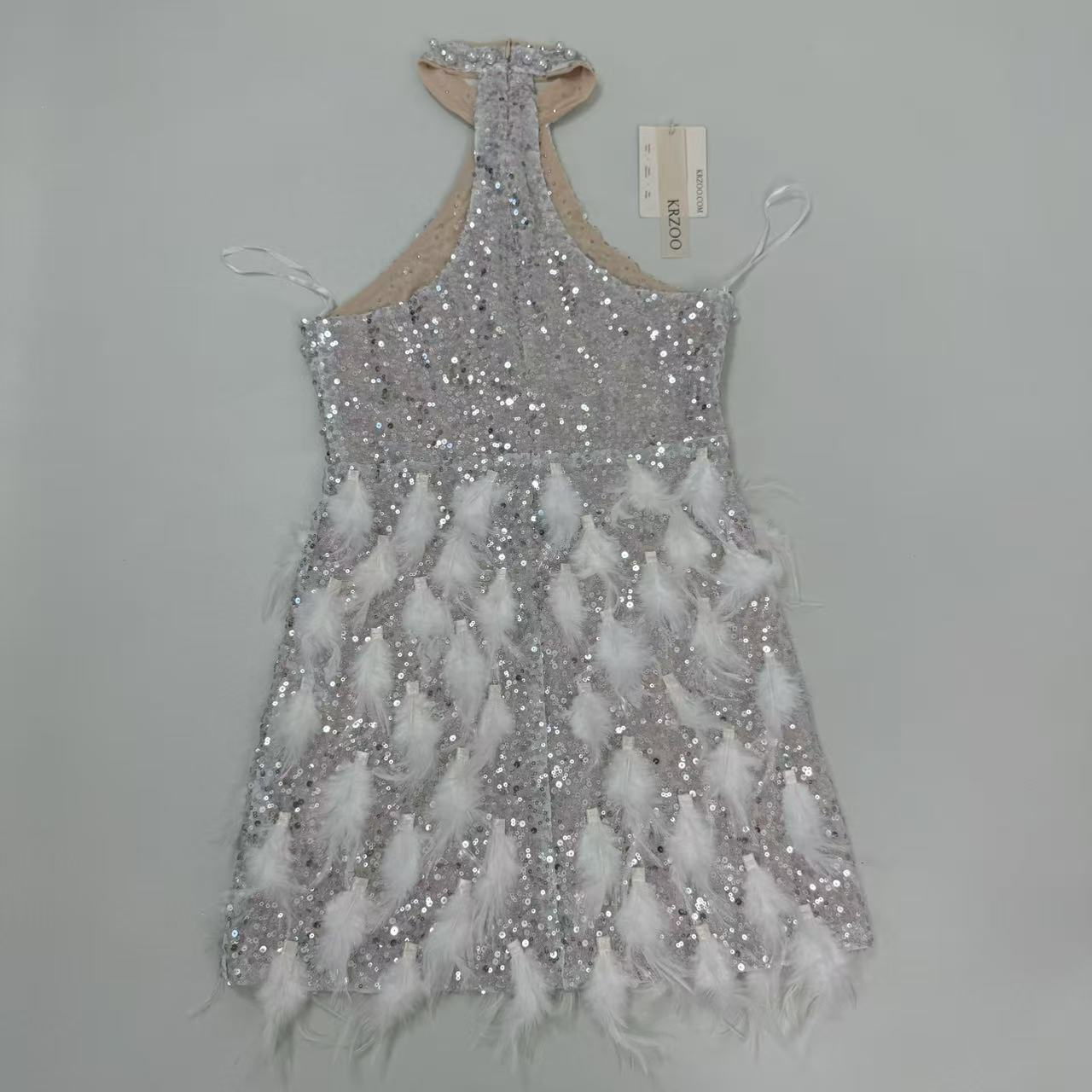 Backless pearl rhinestone feather dress
