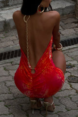 Halter Neck Cutout Floral Print Ruched Fitted Mini Dresses Red