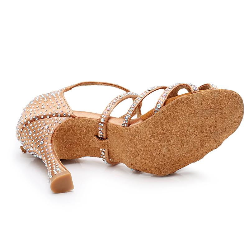 Women's Bronze Satin Rhinestone Customized Heels Ballroom Latin Dance Shoes