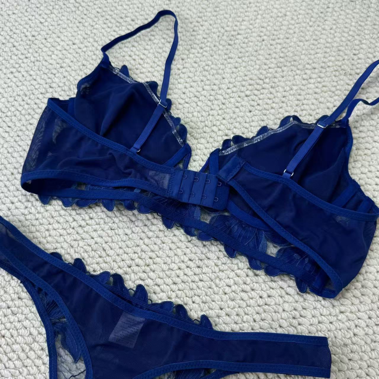 Deep V embroidered lace bra set