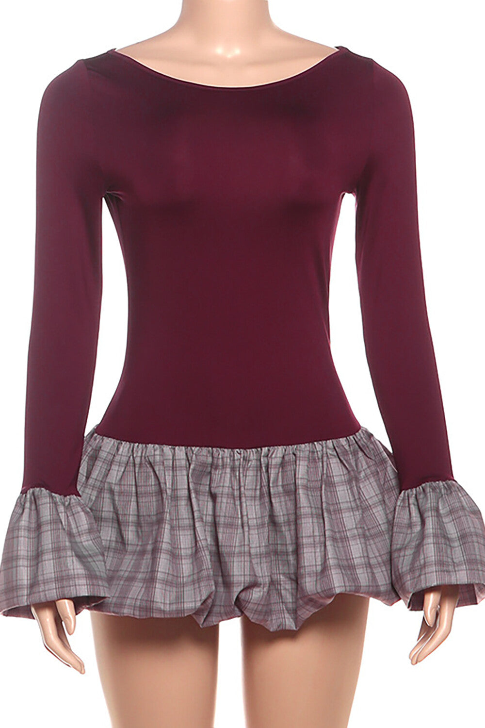 Plaid Print Patchwork Flare Sleeve Bubbled Hem Casual Mini Dresses-Burgundy