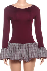 Plaid Print Patchwork Flare Sleeve Bubbled Hem Casual Mini Dresses-Burgundy