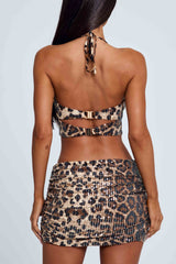 Sequin Leopard Print Deep V Halter Party Mini Dresses-Brown Pre Order