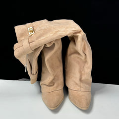 Pointed pleated metal buckle mid-length boots