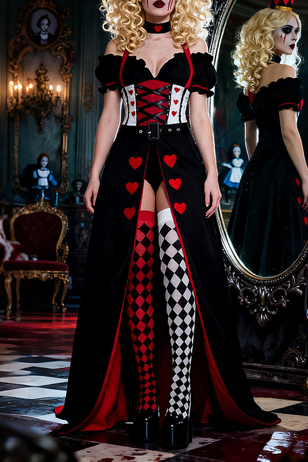 Off Shoulder Playsuit Romper Hearts Print Slit Maxi Skirt Halloween Set-Black