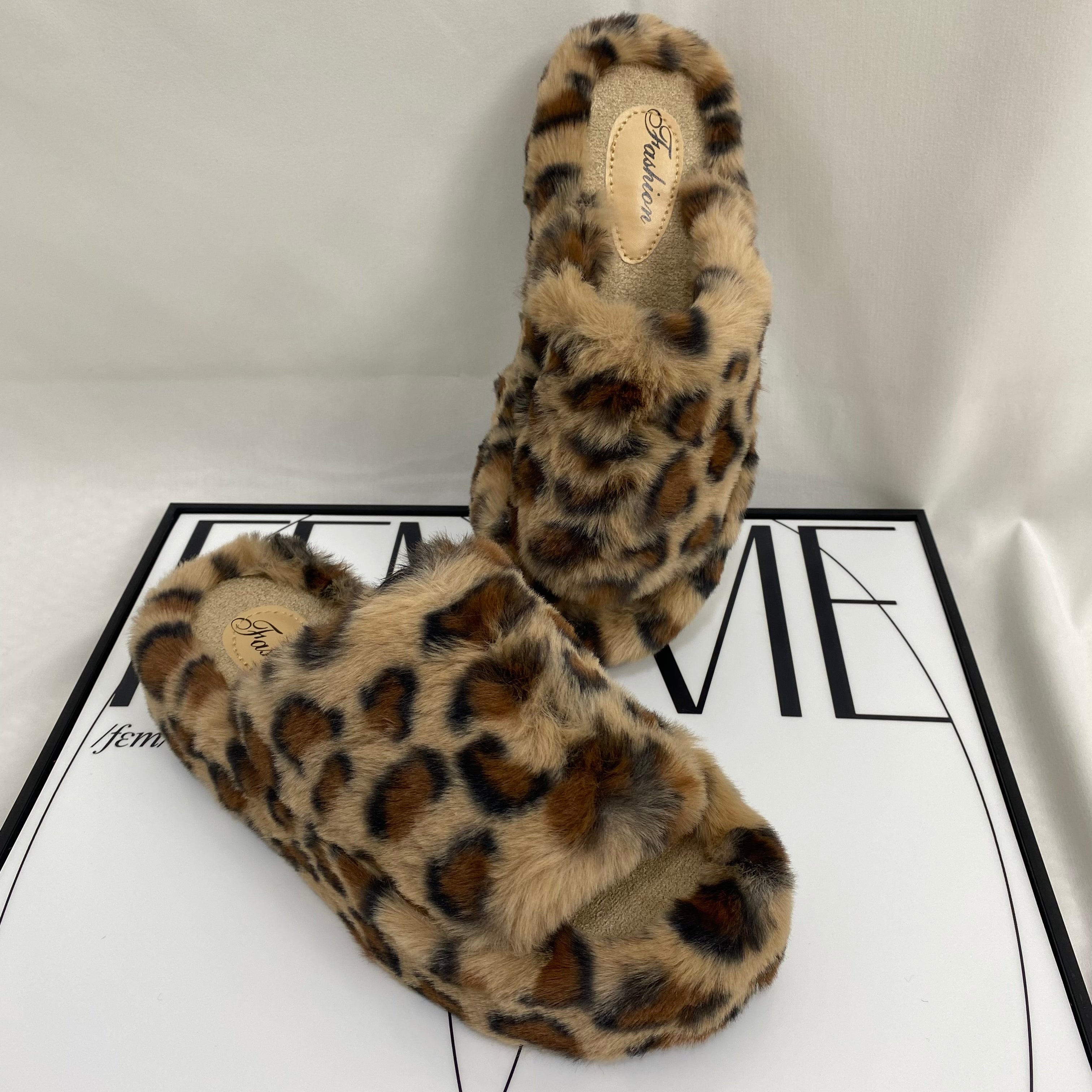 Leopard Print Platform Fur Slippers