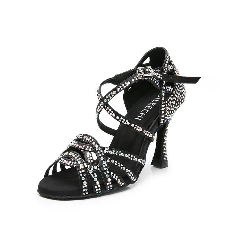 Women's Black Customized Heel Satin Rhinestones Strappy Dance Shoes