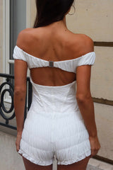 Off Shoulder Lace-Up Ruched Ruffle Trim Romper Playsuit-White Pre Order