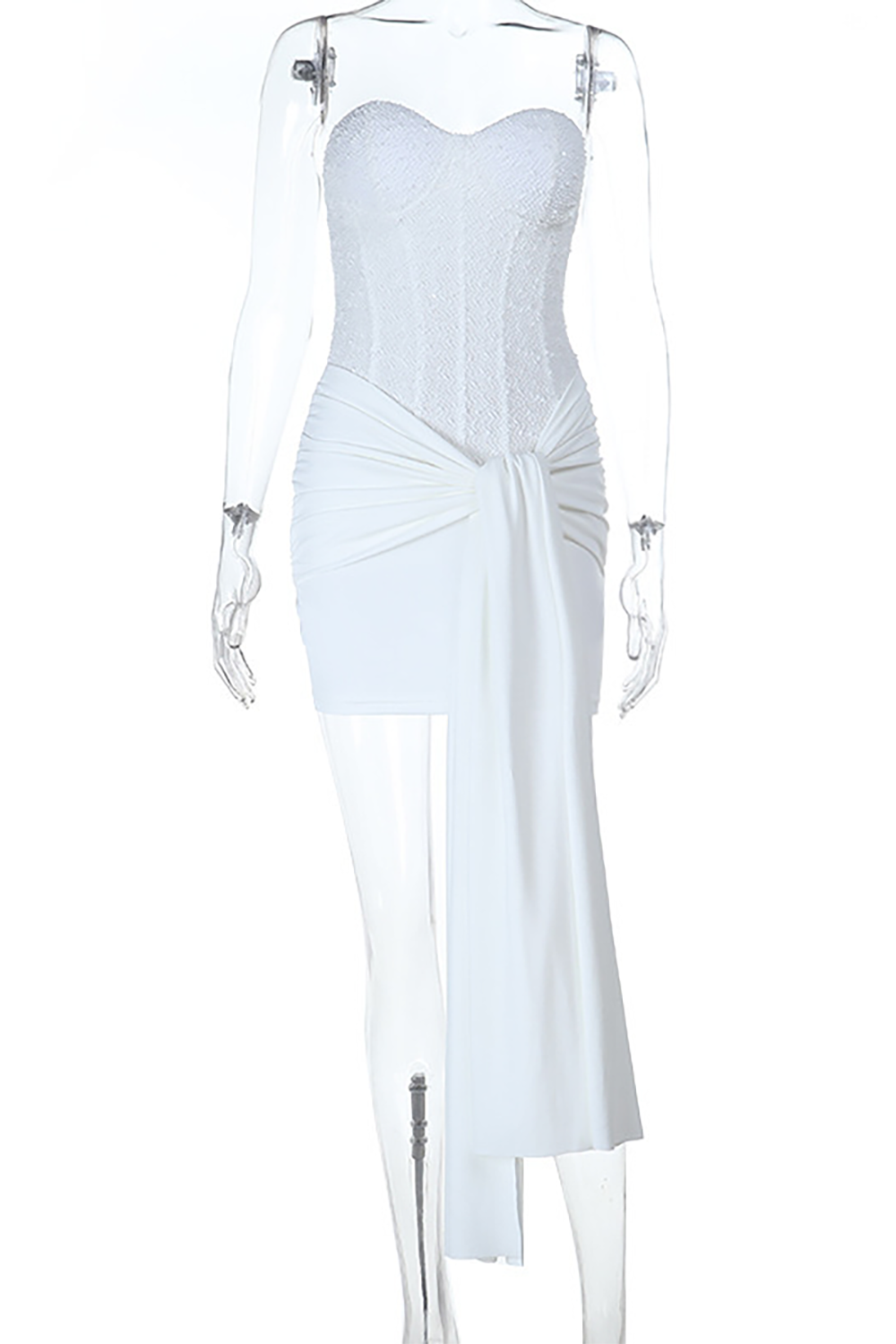 Sequined Textured Patchwork Strapless Fitted Side Sash Mini Dresses-White