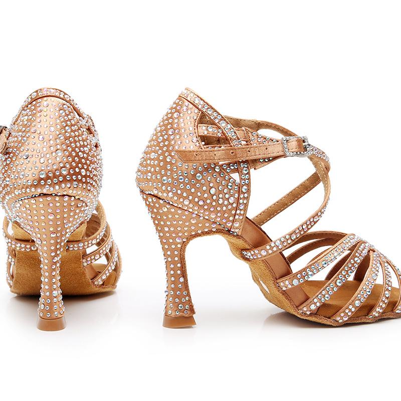 Women's Bronze Strappy Satin Rhinestones Customized Heel Dance Shoes