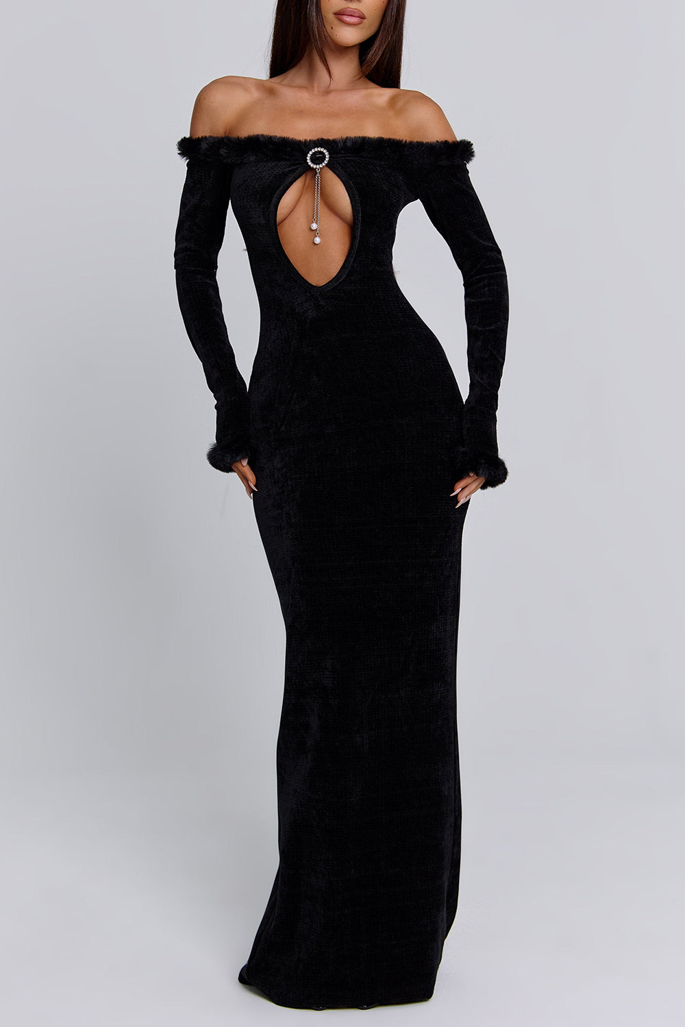 Off Shoulder Keyhole Neck Fuzzy Trim Velvet Maxi Dresses-Black Pre Order