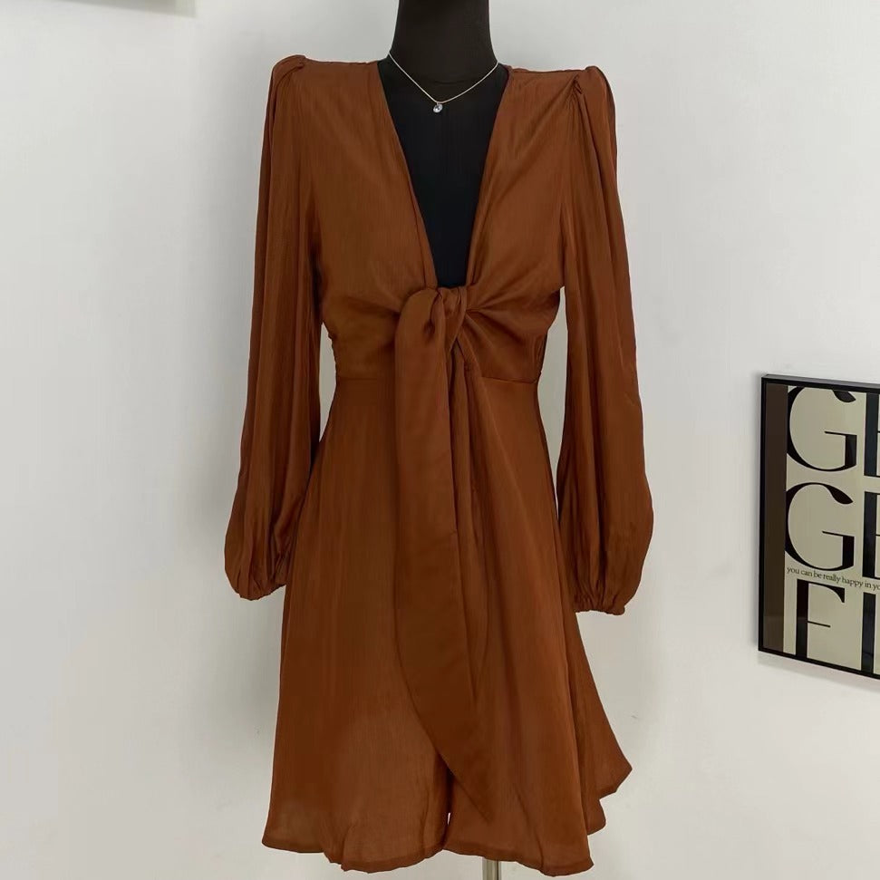Lantern Sleeve V-Neck Tie Dress