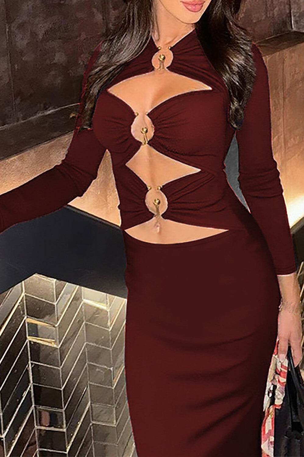 Cutout Long Sleeve Bodycon Solid Color Midi Dresses-ReddishBrown