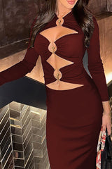 Cutout Long Sleeve Bodycon Solid Color Midi Dresses-ReddishBrown
