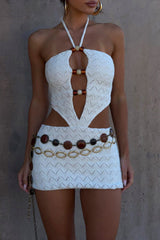 Knit Halter Tie Up Backless Beady Cutout Fitted Mini Dresses White