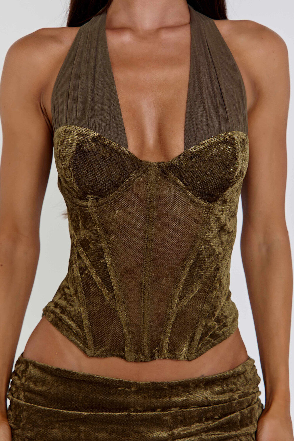 Halter V Neck Top Asymmetric Maxi Skirt Velvet 2pcs Set-Brown Pre Order