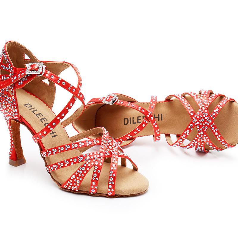 Women's Red Customized Heel Strappy Dance Shoes With Crystals