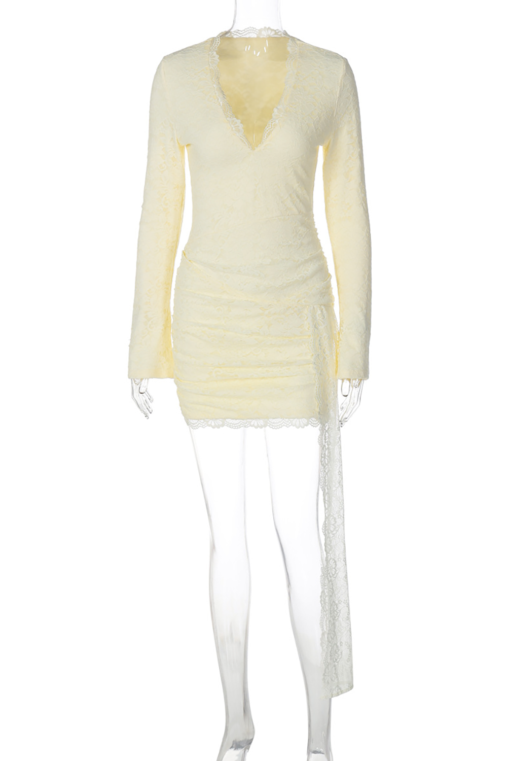 Deep V Neck Long Sleeve Lace Ruched Bodycon Streamer Mini Dresses-Yellow