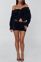 Button Up Long Sleeve Jacket Shorts Faux Fur 2pcs Set-Black Pre Order