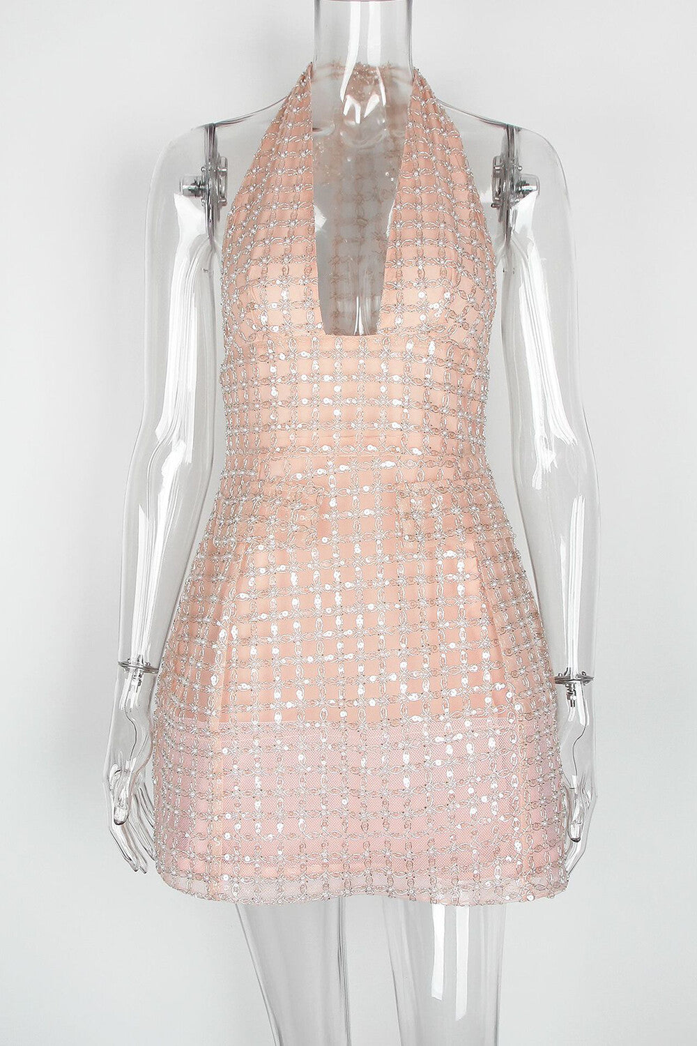 Beaded Sequined Deep V Neck Halter Cinch Waist Mini Dresses-Pink