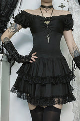 Cami Corset Off Shoulder Lace Ruffled Trim Mini Dresses 2pcs Set-Black