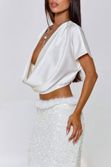 Cowl Neck Top Feather Sequin Maxi Skirt Party 2pcs Set-White Pre Order
