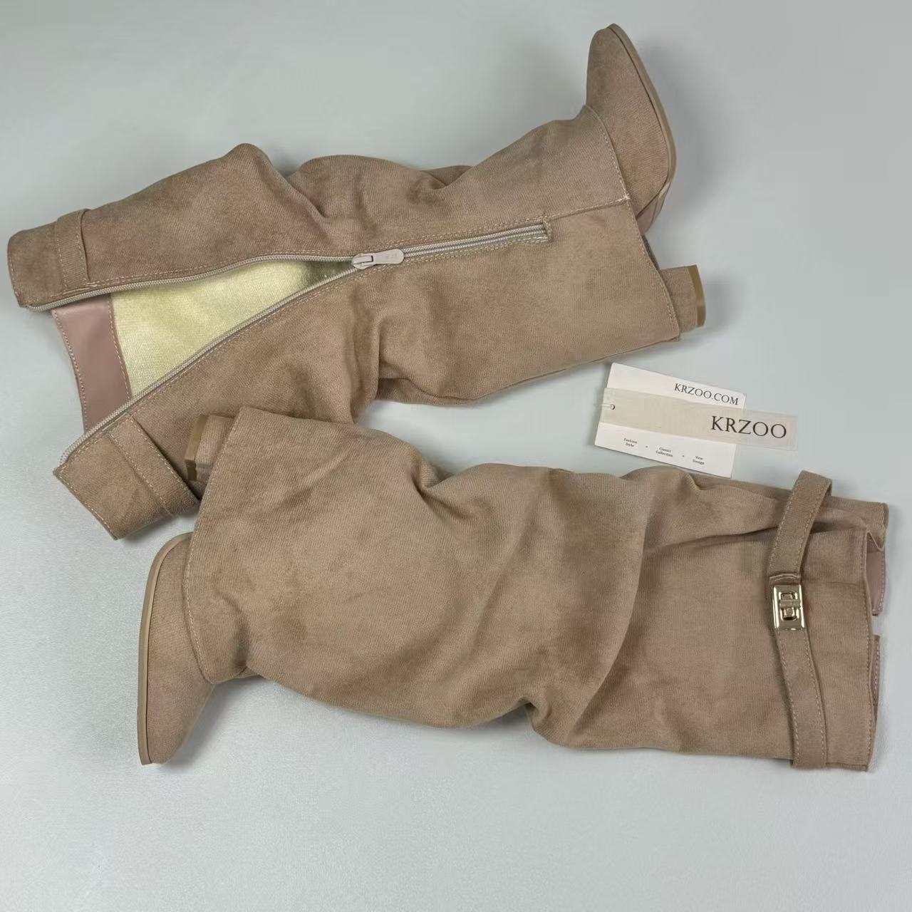 Pointed pleated metal buckle mid-length boots